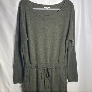Olive Green Knit Sweater Dress | Drawstring Waist | Long Sleeve